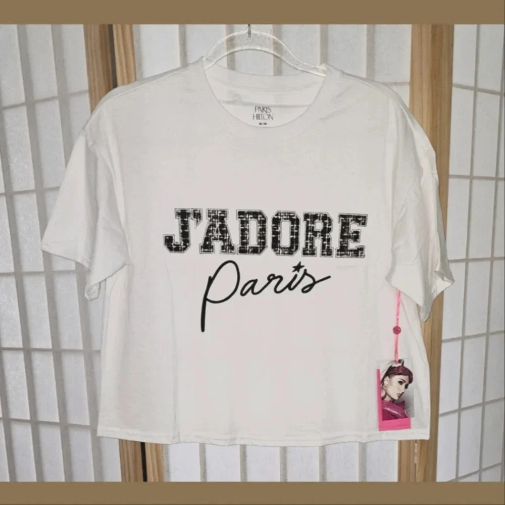Paris Hilton J'adore Paris Embroidered Tweed Graphic Cropped Tee NWT